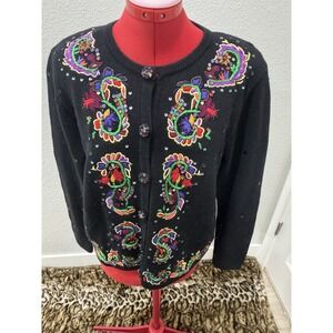 Jack B Quick Black ‎ Cardigan Sweater Colorful Floral Embroidery Beads Size M